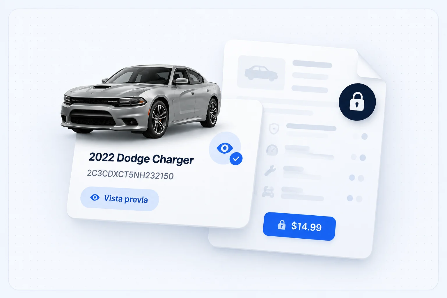 Pantalla de vista previa: el auto identificado, su VIN y el precio del reporte.