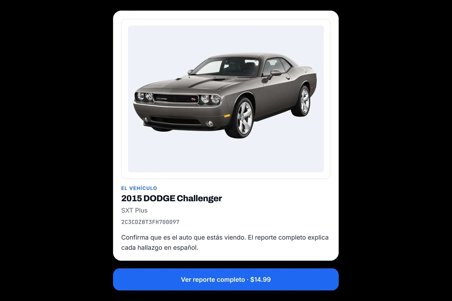 Pantalla de vista previa: el auto identificado, su VIN y el precio del reporte.