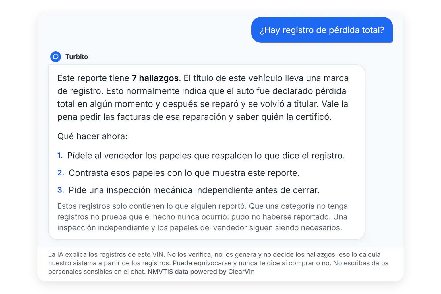 Conversación con la IA sobre si este auto tiene un registro de pérdida total.