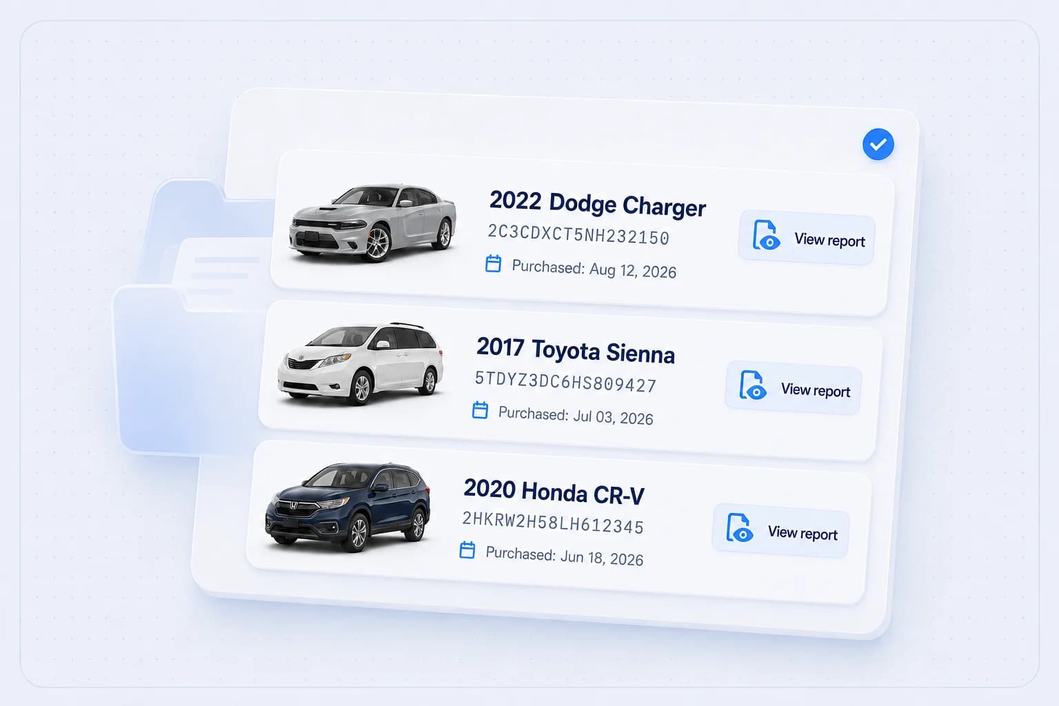 A list of saved reports, each with its car and VIN.