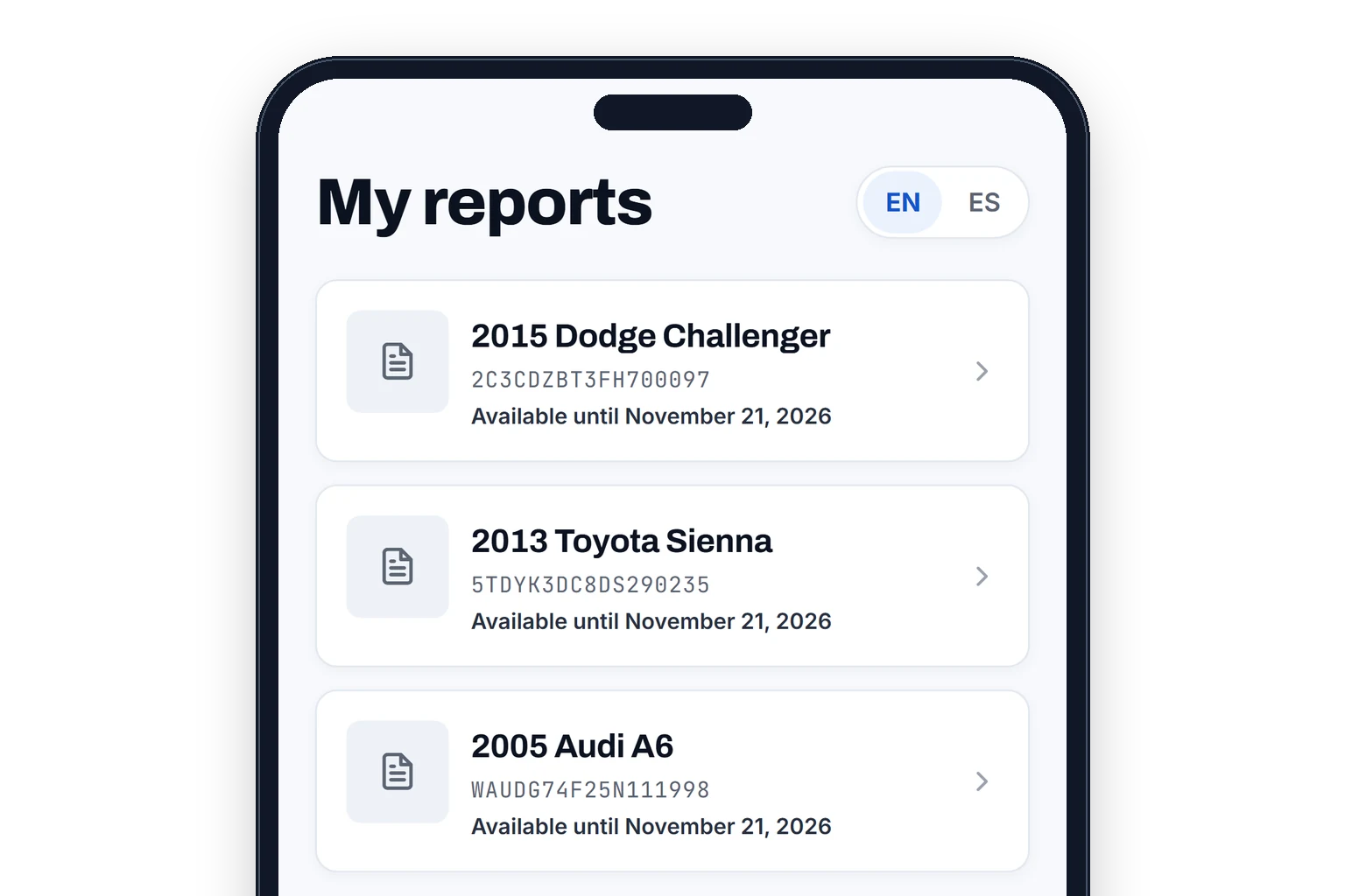 A phone showing My reports: three saved reports, each with its car, VIN and the date it is available until.