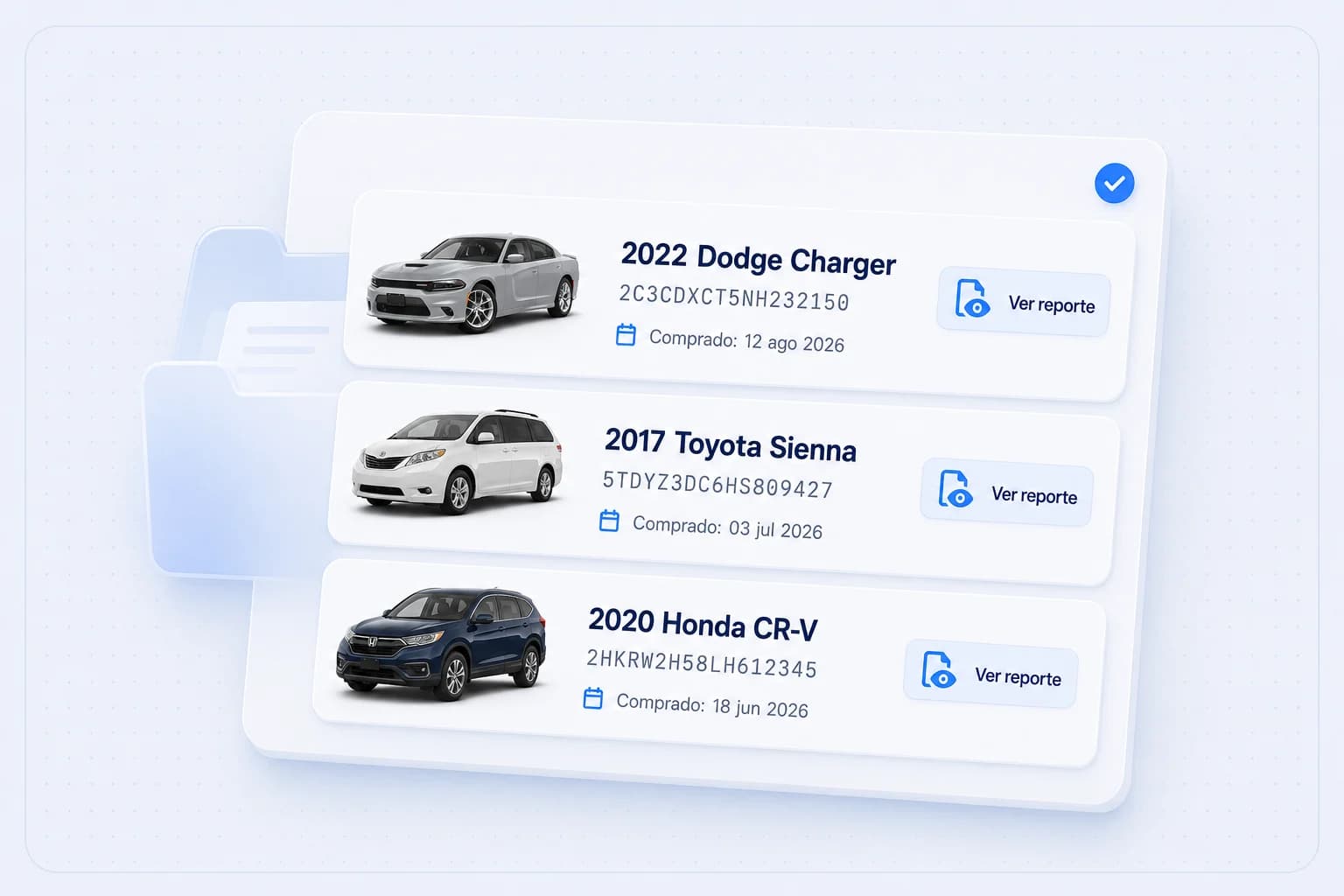 Lista de reportes guardados, cada uno con su auto y su VIN.