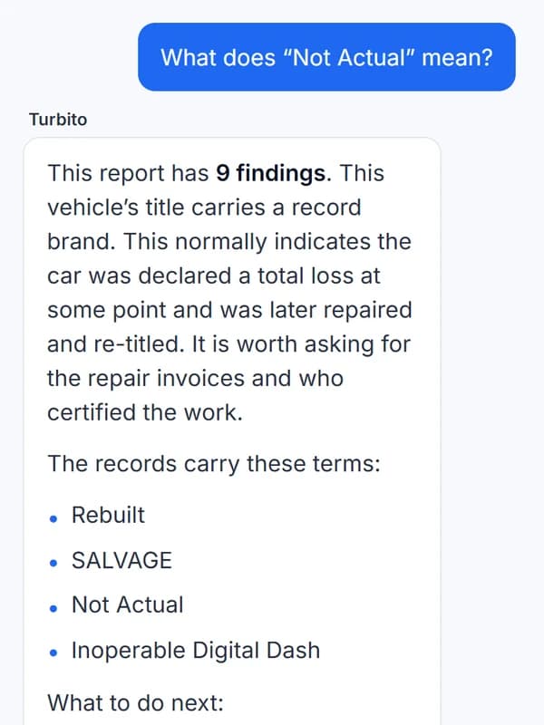 The report chat answering a question about “Not Actual”: it explains the title brand and what to ask the seller.