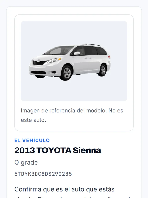 Vista previa gratis antes de pagar: 2013 Toyota Sienna, su VIN y una imagen de referencia del modelo, que no es ese auto.